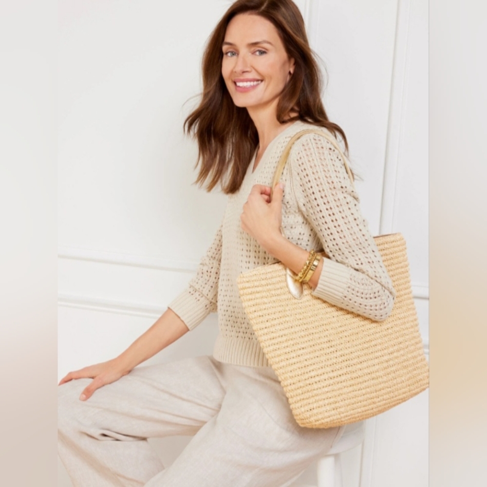 NWOT Talbots Gold Handles Paper Straw Tote Bag